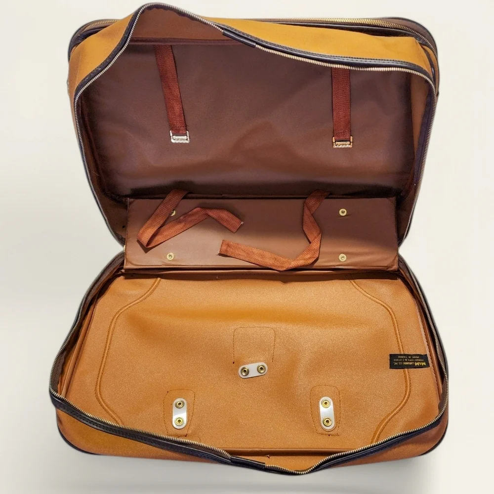 Vintage Carry On Suitcase Tan Brown Canvas Faux Leather 22in Travel 70s 80s‎